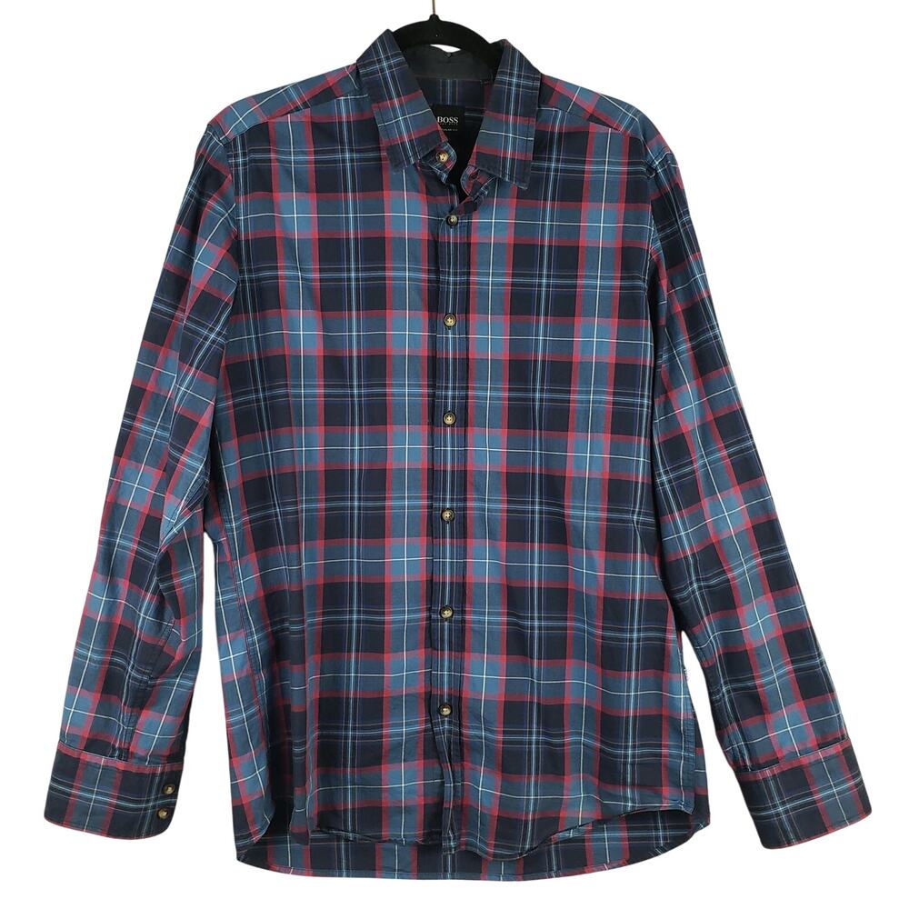 Hugo Boss Men's M Long Sleeve Button Down Dress Shirt Dark Blue Modern Essential